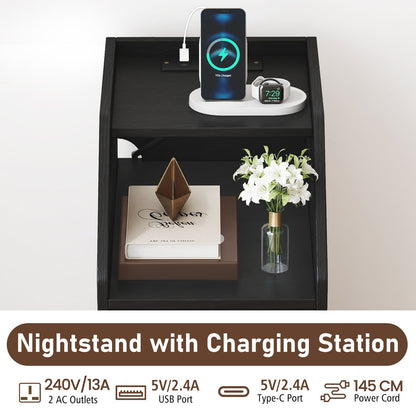 Set of 2 End Table with Charging Station and Storage Drawers for Small Space-Black
