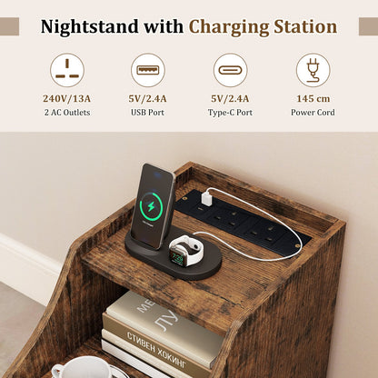 Set of 2 End Table with Charging Station and Storage Drawers for Small Space-Rustic Brown