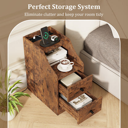 Set of 2 End Table with Charging Station and Storage Drawers for Small Space-Rustic Brown