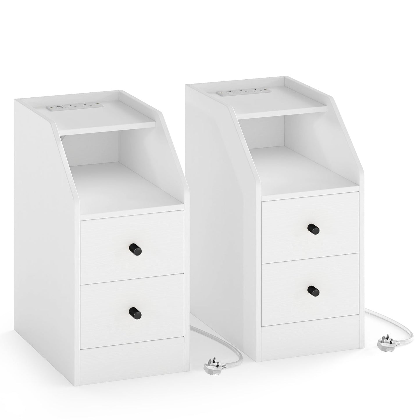 Set of 2 End Table with Charging Station and Storage Drawers for Small Space-White