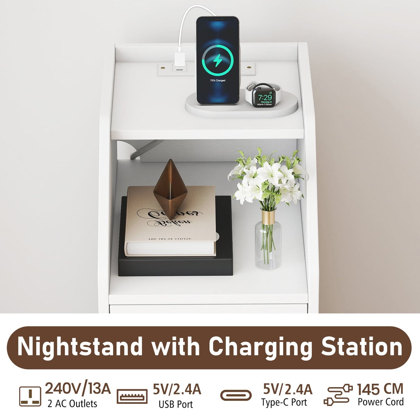 Set of 2 End Table with Charging Station and Storage Drawers for Small Space-White