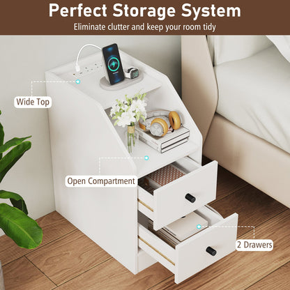 Set of 2 End Table with Charging Station and Storage Drawers for Small Space-White