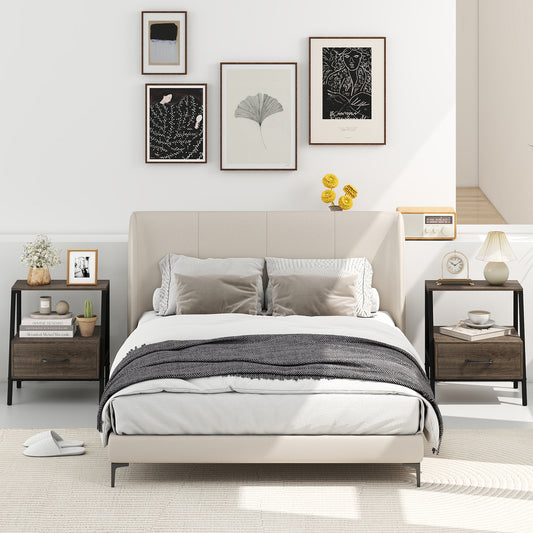 Set of 2 Farmhouse 3-Tier Nightstand with Drawer and Open Shelf-Grey
