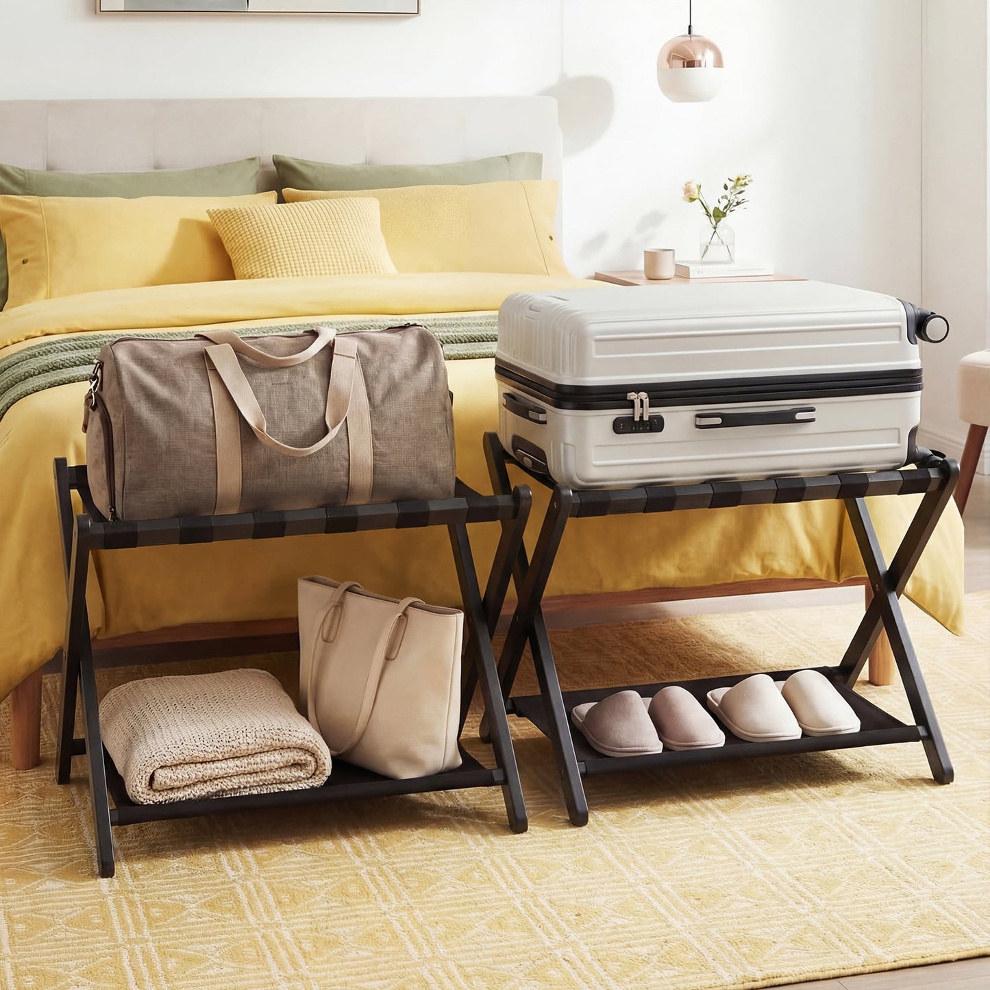 Set of 2 Folding Luggage Rack with Rubberwood Frame for Bedroom-Black
