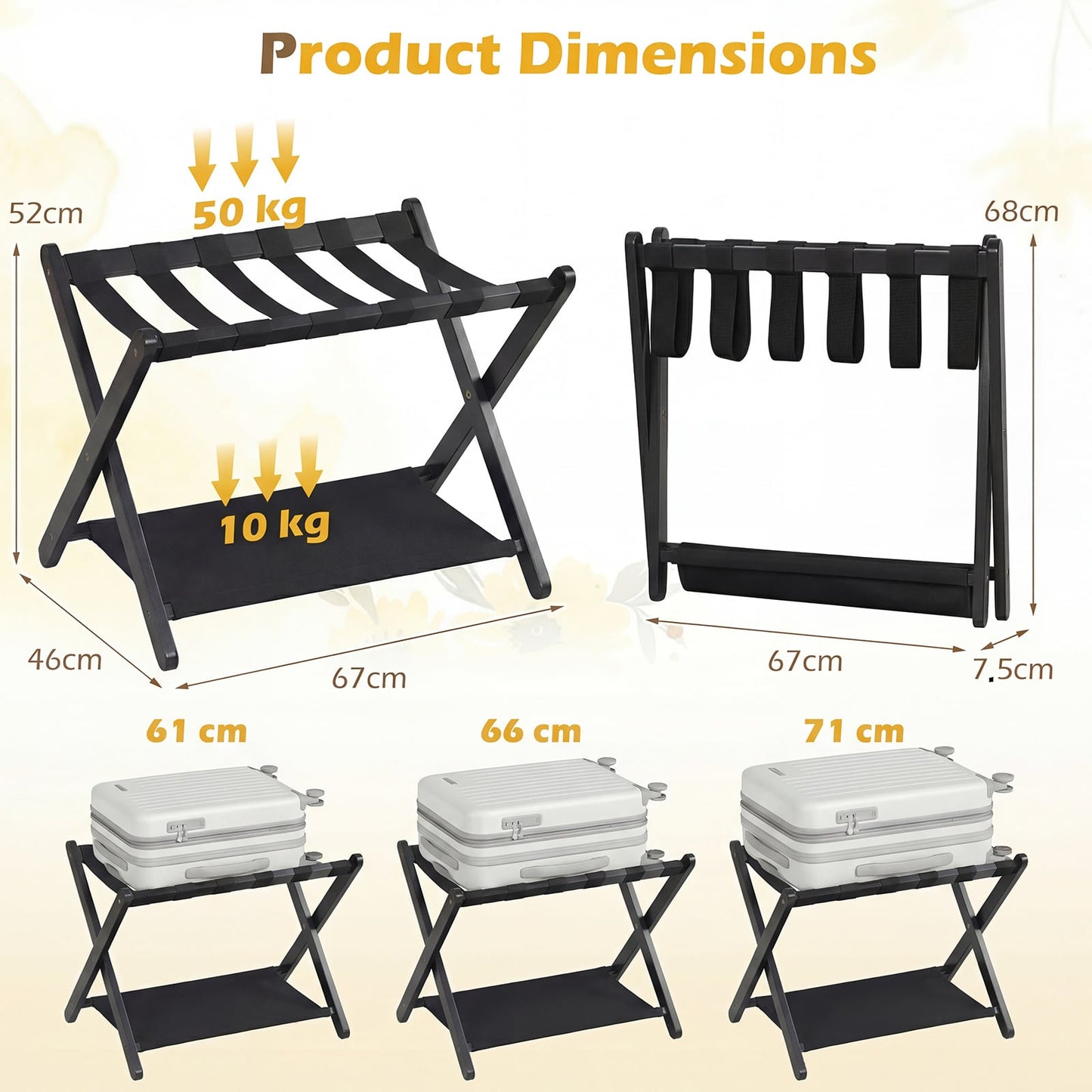 Set of 2 Folding Luggage Rack with Rubberwood Frame for Bedroom-Black