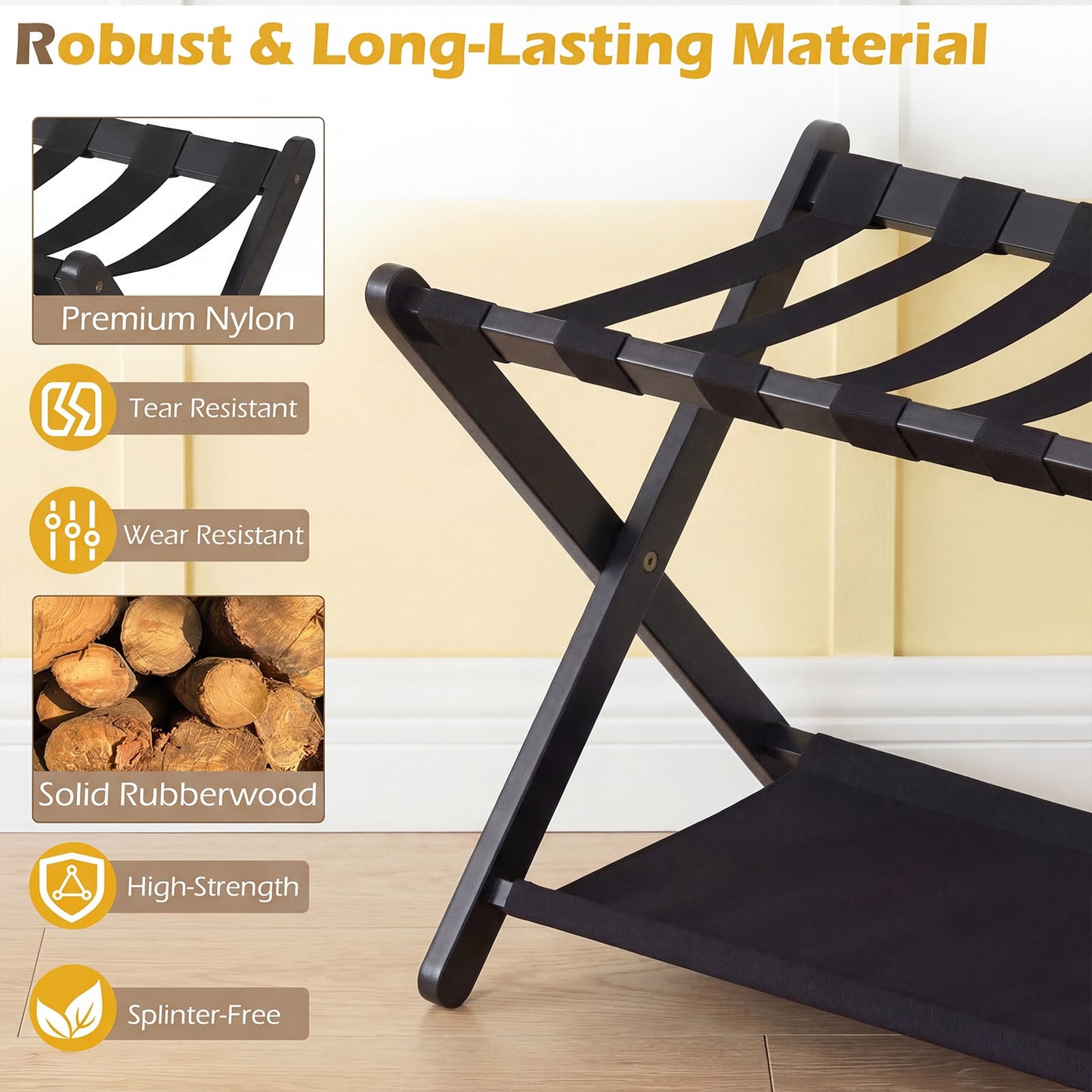 Set of 2 Folding Luggage Rack with Rubberwood Frame for Bedroom-Black