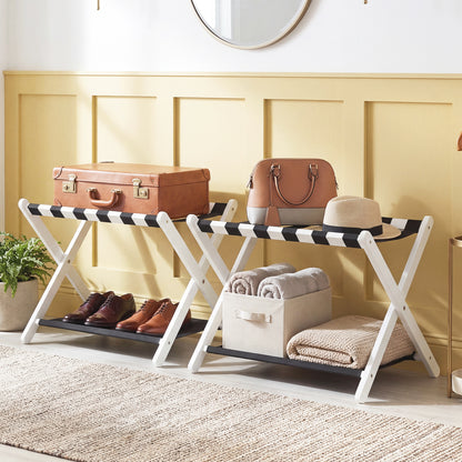 Set of 2 Folding Luggage Rack with Rubberwood Frame for Bedroom-White