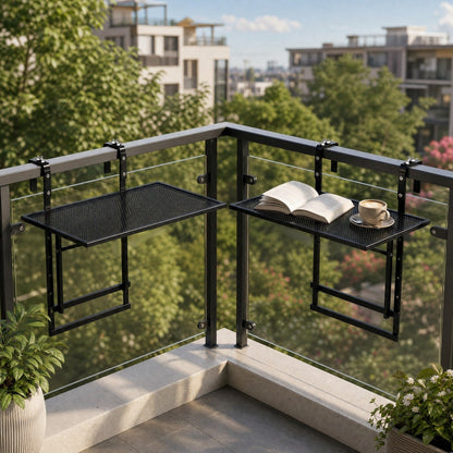 Set of 2 Hanging Balcony Table with 5-Level Adjustable Height for Round Square Railing-Black