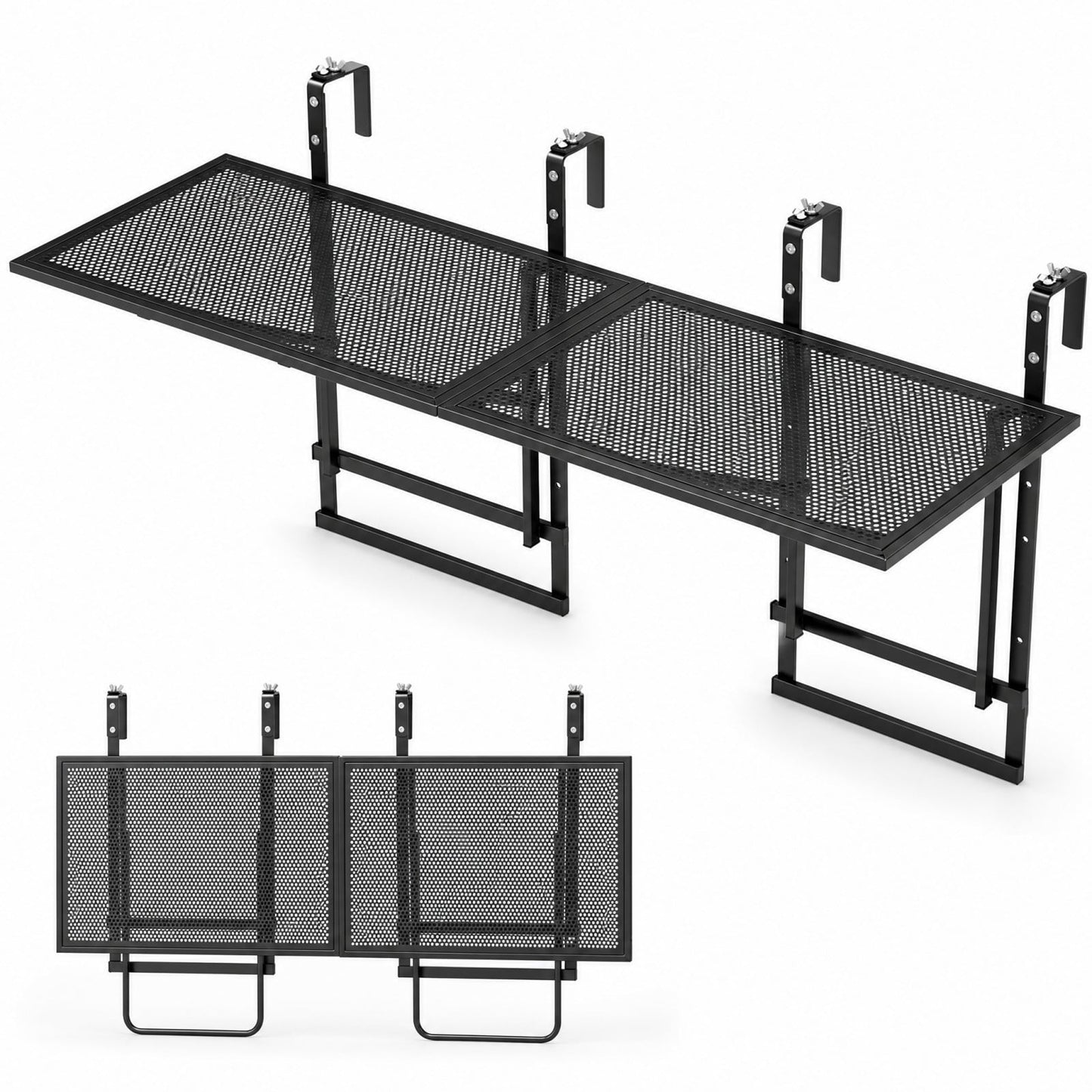 Set of 2 Hanging Balcony Table with 5-Level Adjustable Height for Round Square Railing-Black