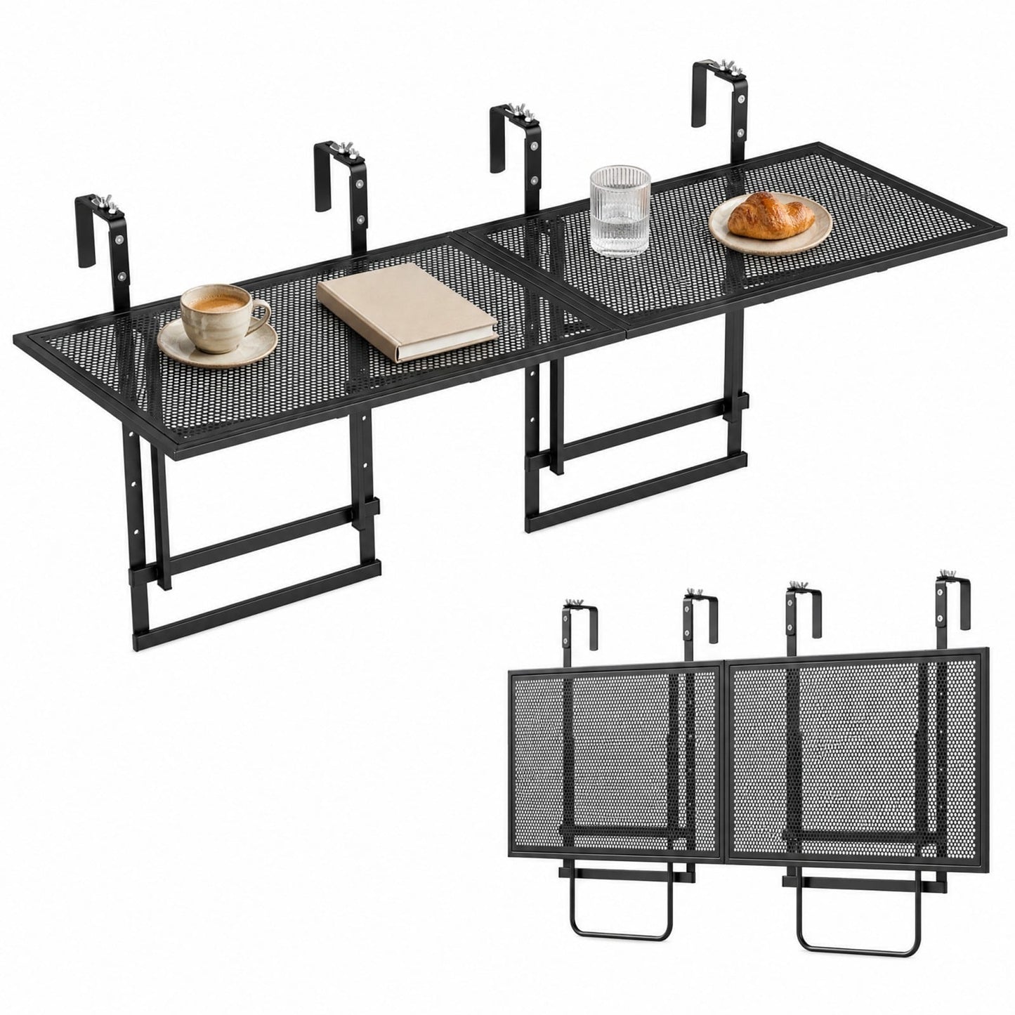 Set of 2 Hanging Balcony Table with 5-Level Adjustable Height for Round Square Railing-Black