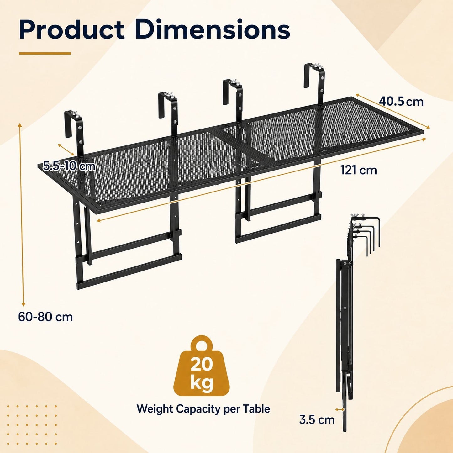 Set of 2 Hanging Balcony Table with 5-Level Adjustable Height for Round Square Railing-Black