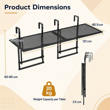 Set of 2 Hanging Balcony Table with 5-Level Adjustable Height for Round Square Railing-Black