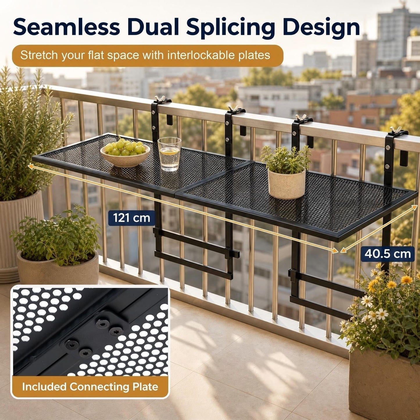 Set of 2 Hanging Balcony Table with 5-Level Adjustable Height for Round Square Railing-Black