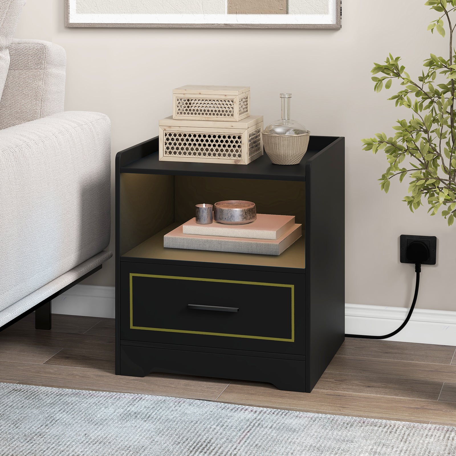 Set of 2 LED Nightstand with USB and Type-C Port-Black