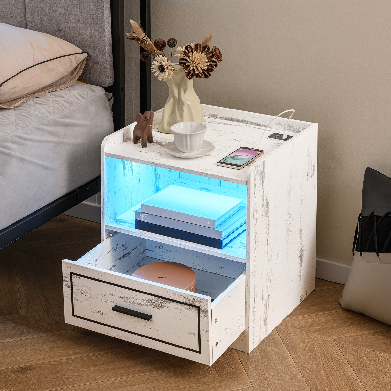 Set of 2 LED Nightstand with USB and Type-C Port-White