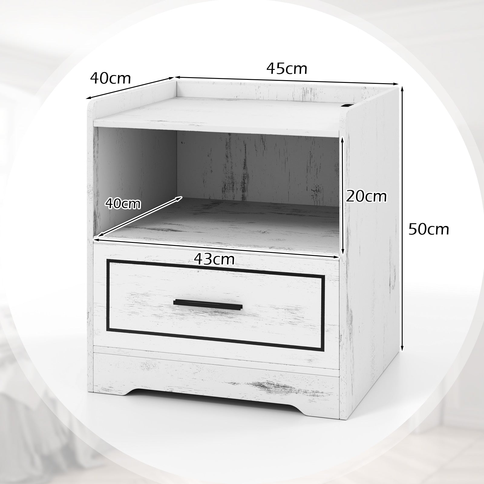 Set of 2 LED Nightstand with USB and Type-C Port-White