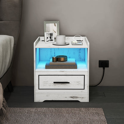 Set of 2 LED Nightstand with USB and Type-C Port-White