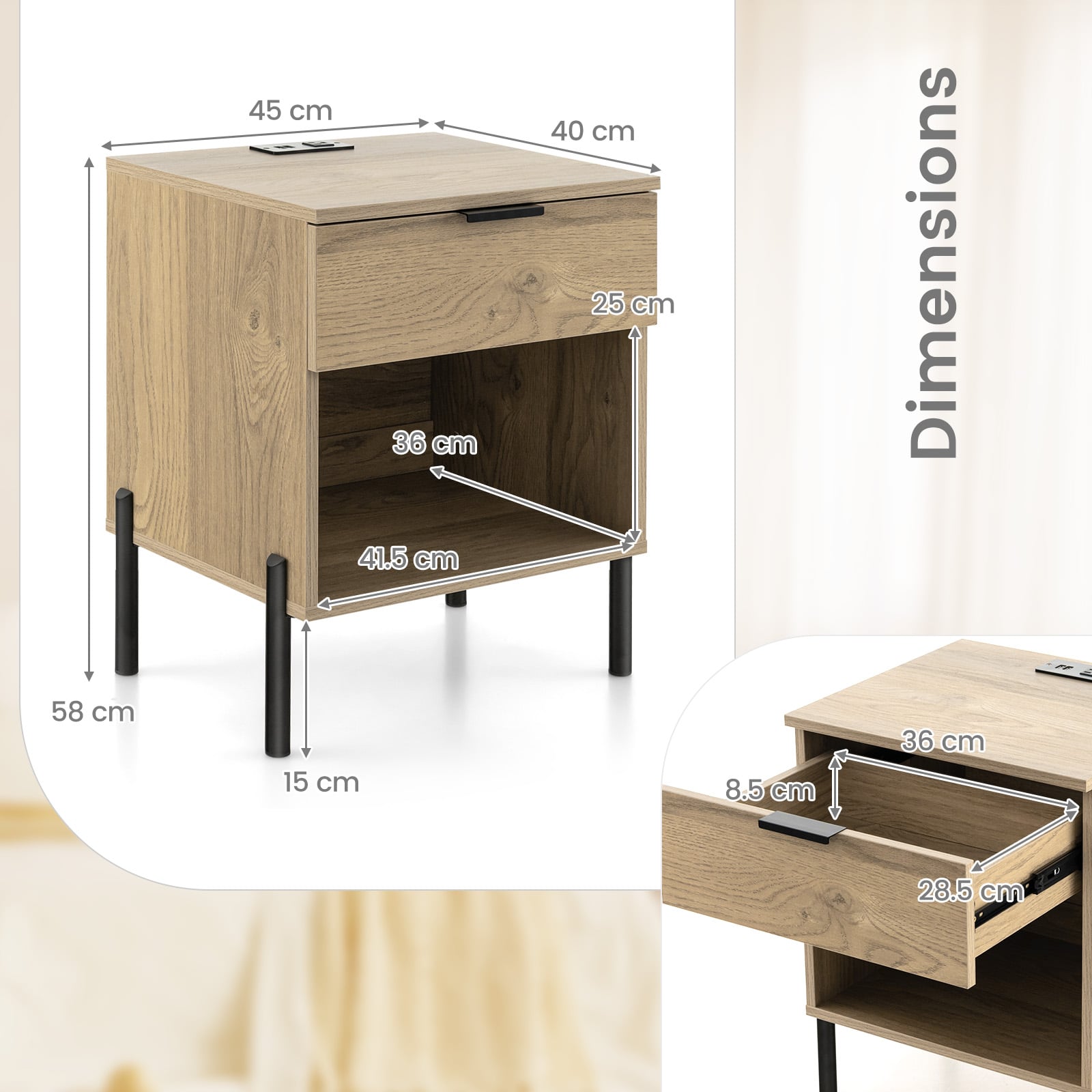 Set of 2 Mid Century Modern Nightstand with Charging Station and Open Compartment