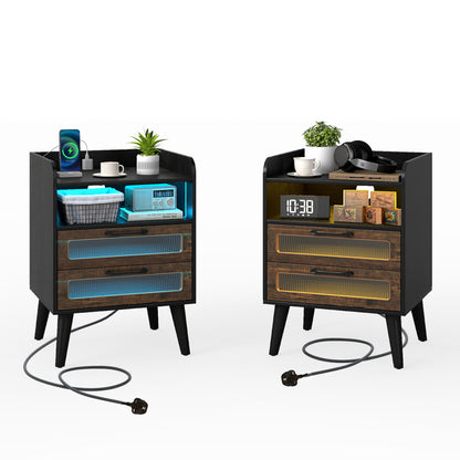 Set of 2 Mid Century Nightstand Modern Bedside Table with Charging Station-Black