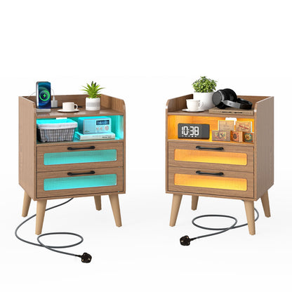 Set of 2 Mid Century Nightstand Modern Bedside Table with Charging Station-Natural