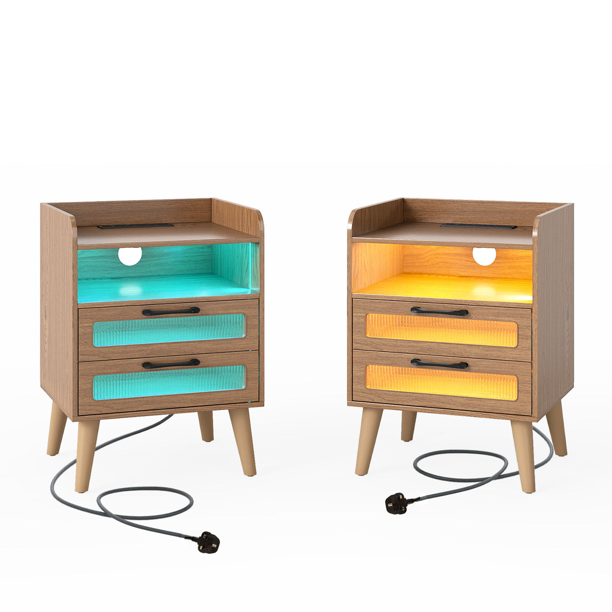 Set of 2 Mid Century Nightstand Modern Bedside Table with Charging Station-Natural