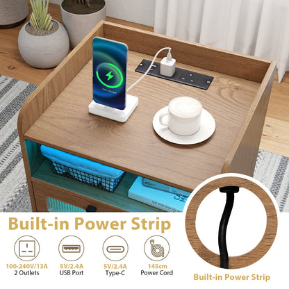 Set of 2 Mid Century Nightstand Modern Bedside Table with Charging Station-Natural
