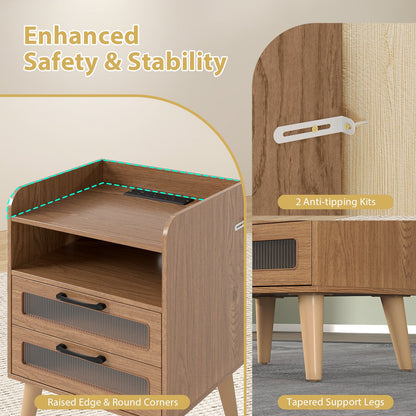 Set of 2 Mid Century Nightstand Modern Bedside Table with Charging Station-Natural