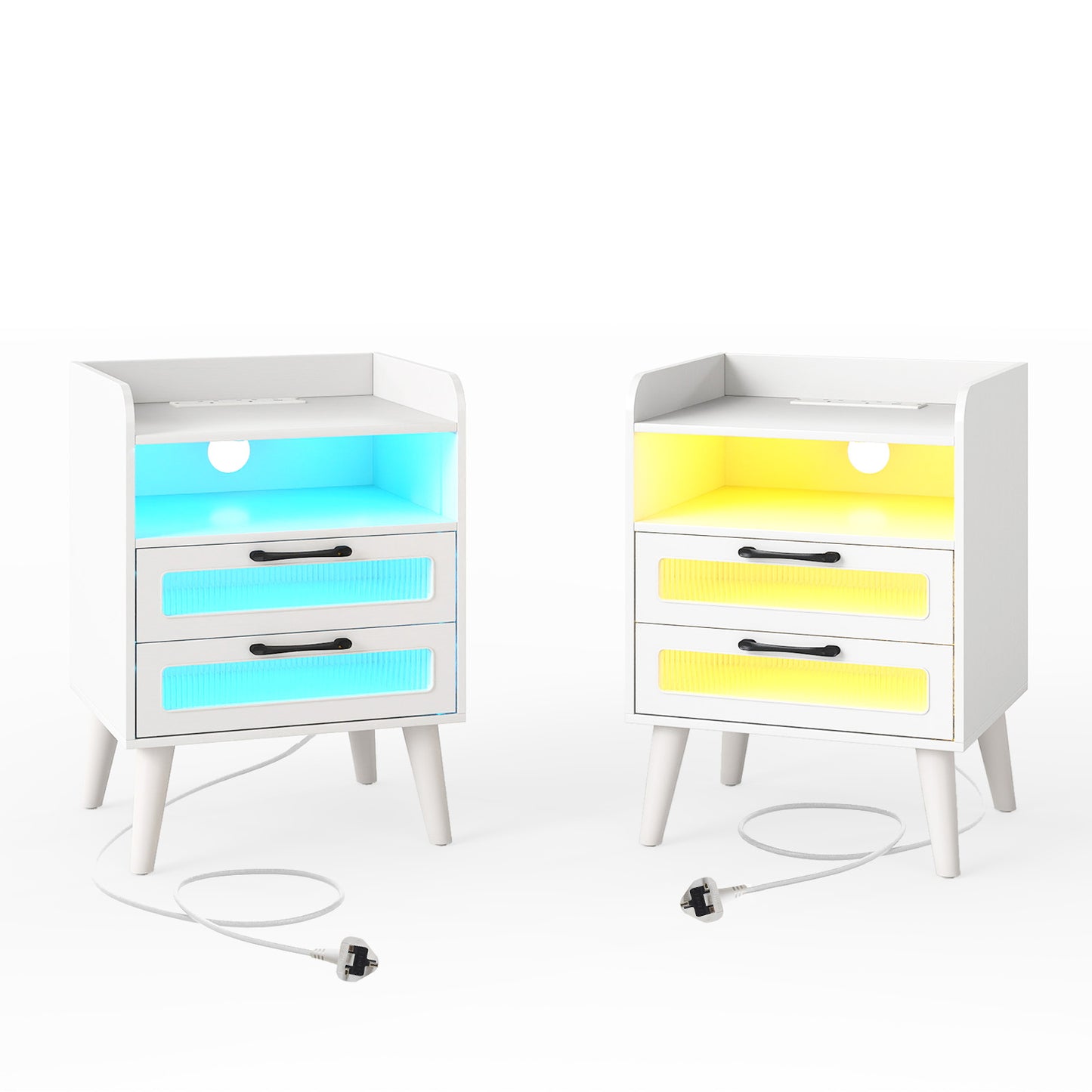 Set of 2 Mid Century Nightstand Modern Bedside Table with Charging Station-White