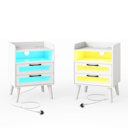 Set of 2 Mid Century Nightstand Modern Bedside Table with Charging Station-White