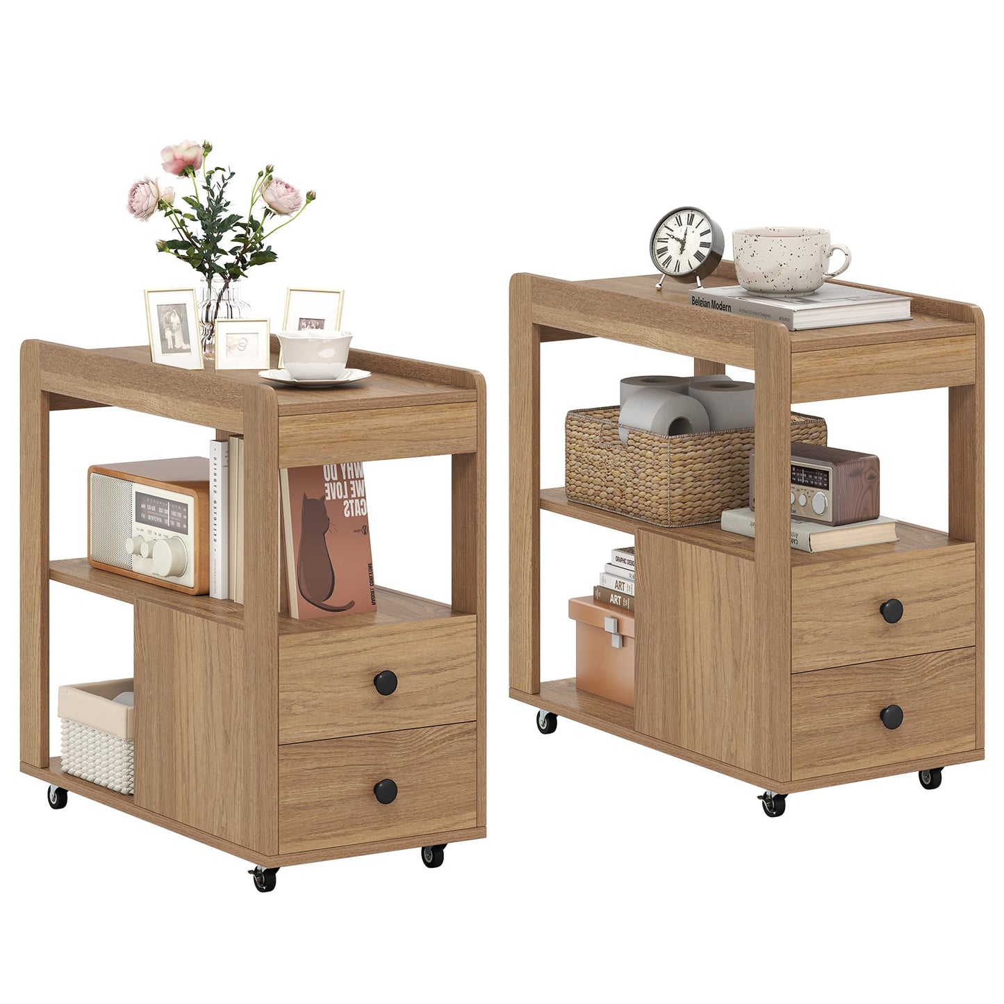 Set of 2 Modern 2-Drawer Sofa Side Table with Open Shelves-Natural