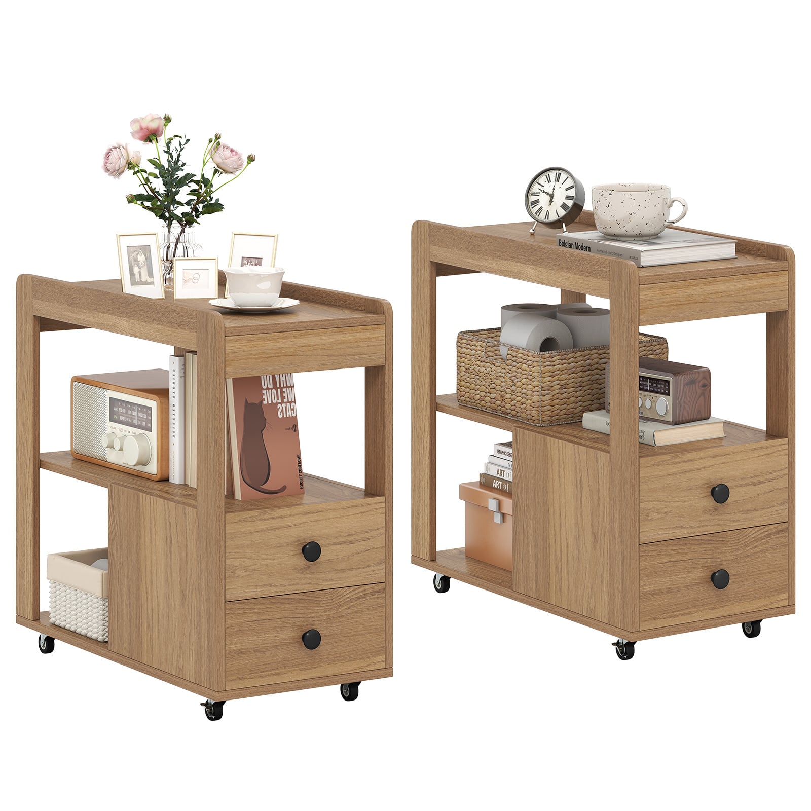 Set of 2 Modern 2-Drawer Sofa Side Table with Open Shelves-Natural