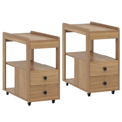 Set of 2 Modern 2-Drawer Sofa Side Table with Open Shelves-Natural