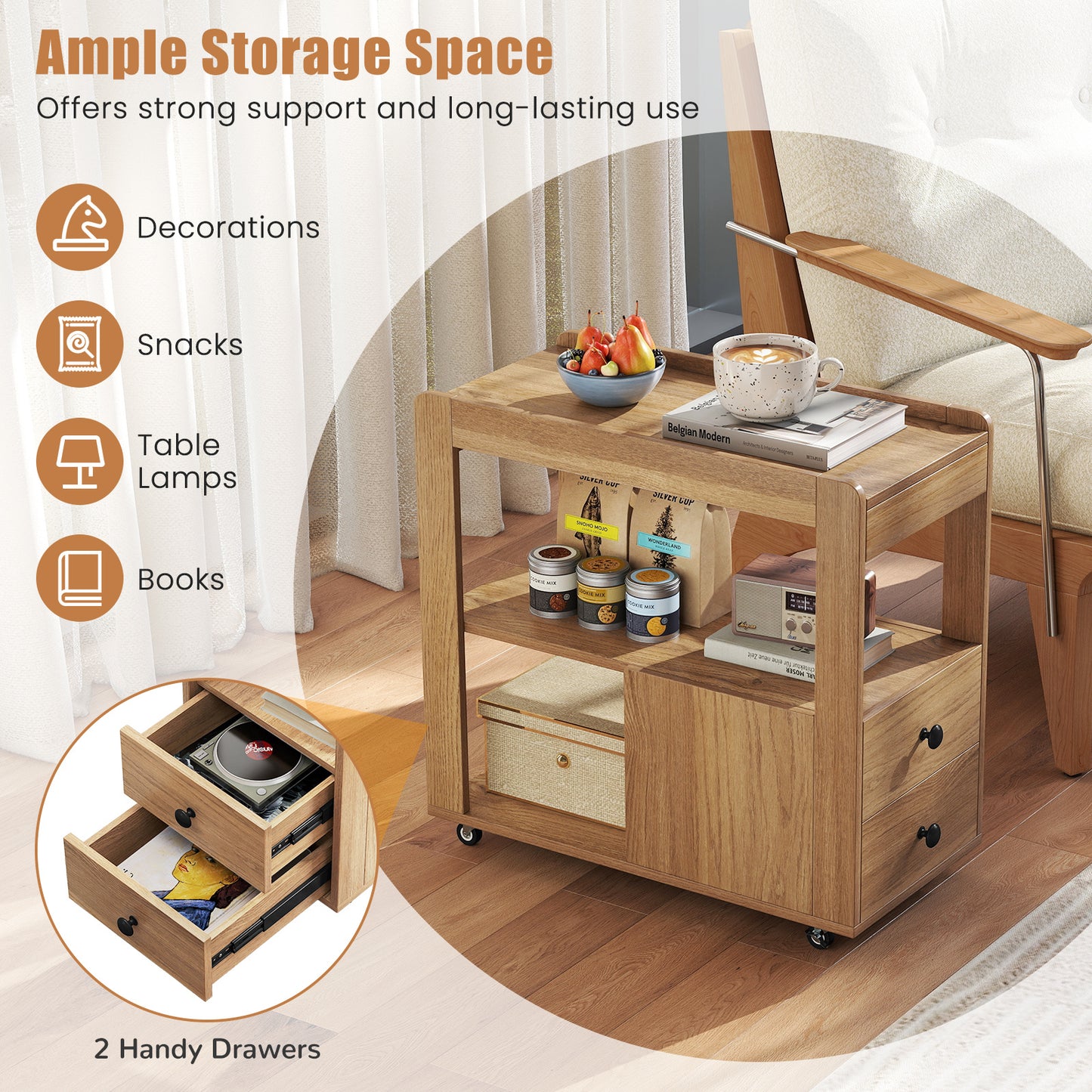 Set of 2 Modern 2-Drawer Sofa Side Table with Open Shelves-Natural