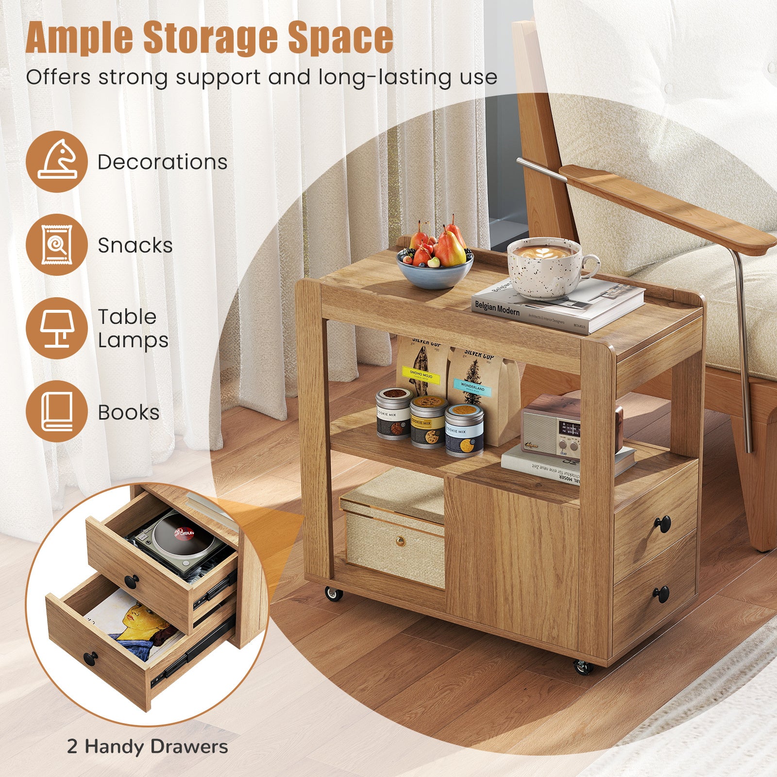 Set of 2 Modern 2-Drawer Sofa Side Table with Open Shelves-Natural