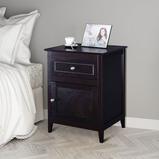 Set of 2 Modern Nightstand with Drawer and Cabinet-Espresso