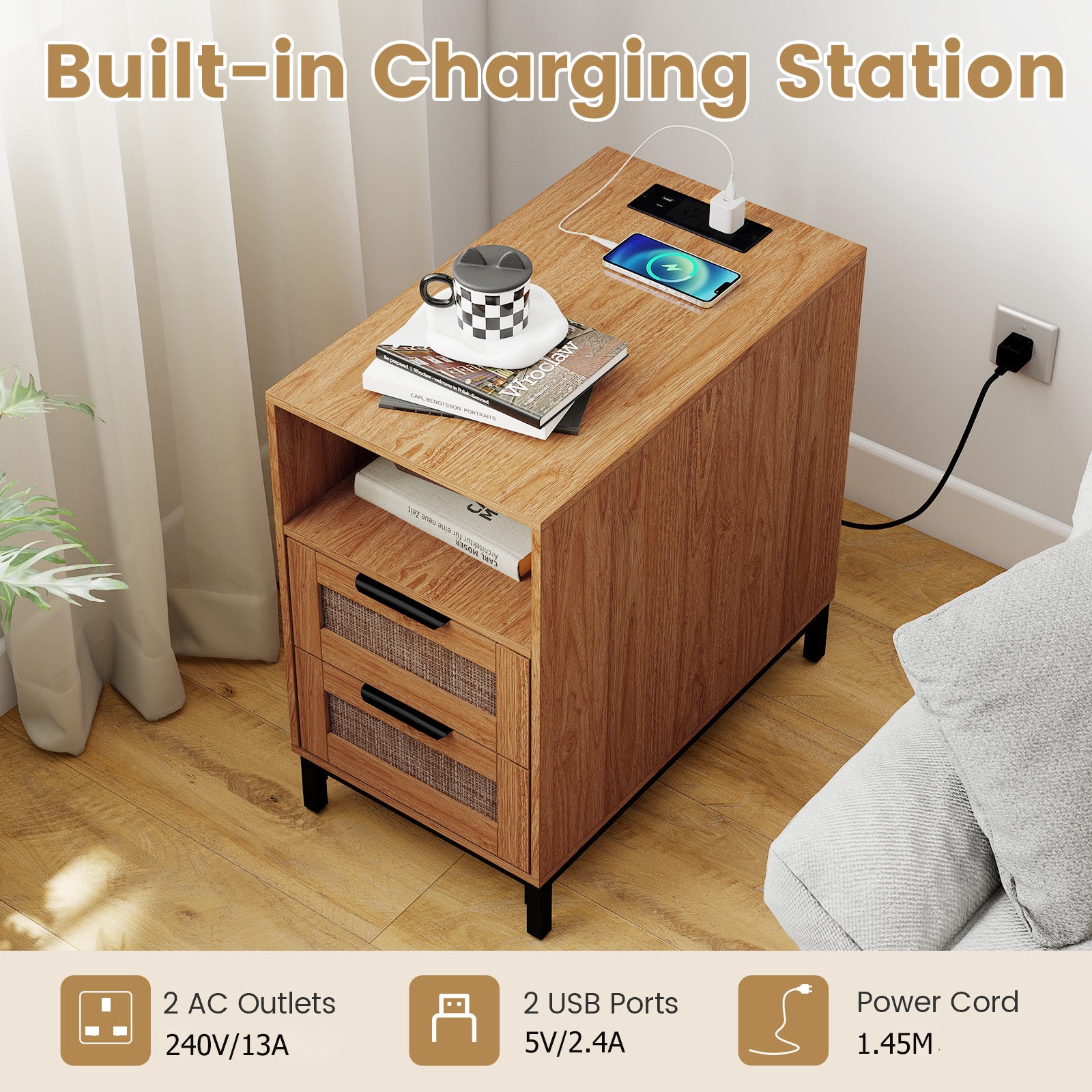 Set of 2 Narrow End Table with Charging Station Rattan Nightstand with 2 Drawers-Natural