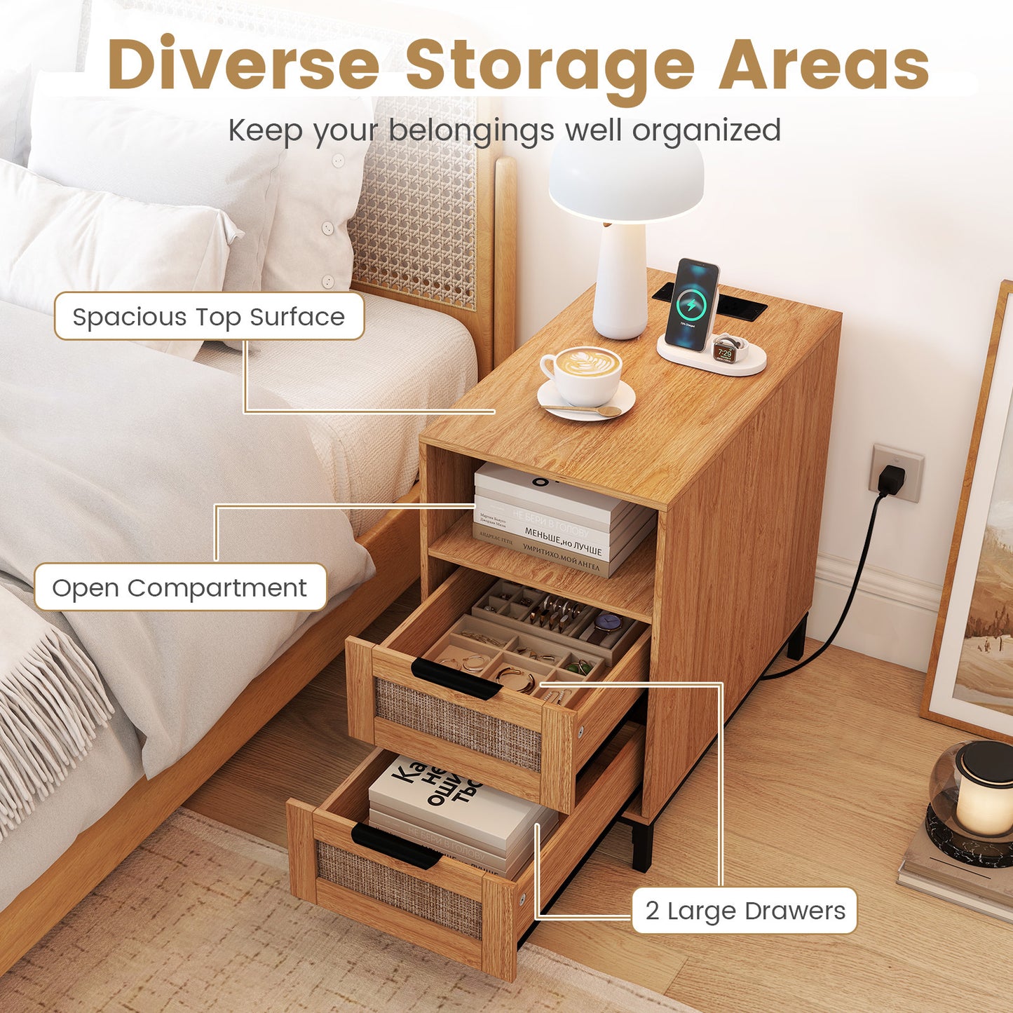 Set of 2 Narrow End Table with Charging Station Rattan Nightstand with 2 Drawers-Natural