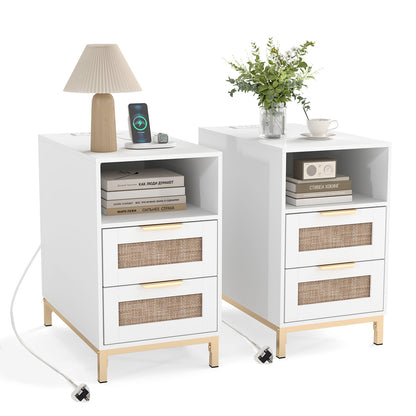 Set of 2 Narrow End Table with Charging Station Rattan Nightstand with 2 Drawers-White