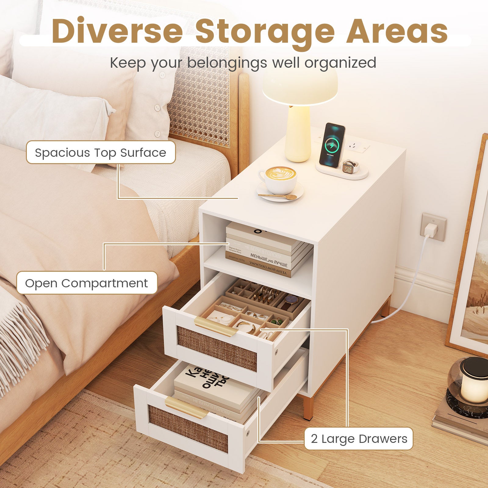 Set of 2 Narrow End Table with Charging Station Rattan Nightstand with 2 Drawers-White