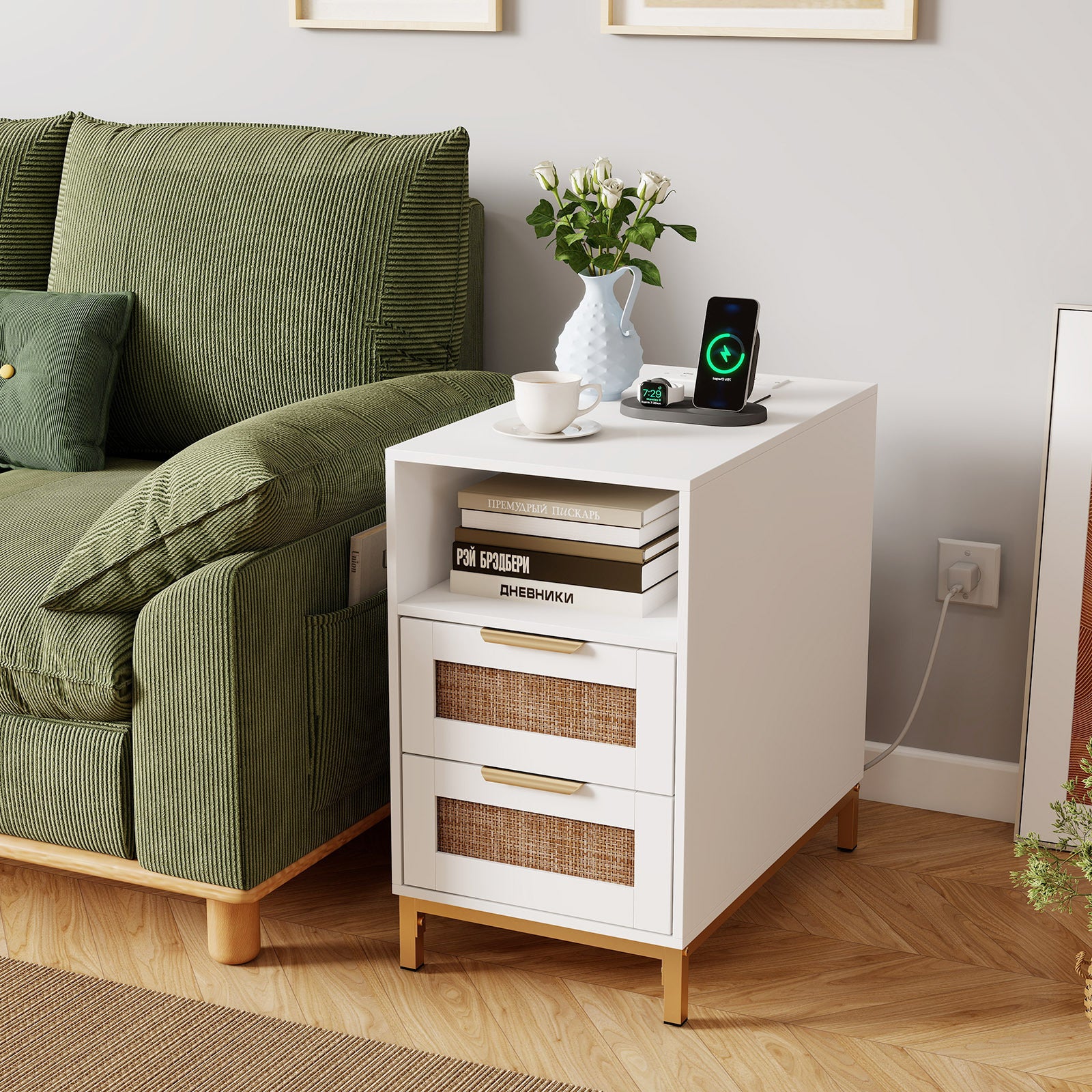 Set of 2 Narrow End Table with Charging Station Rattan Nightstand with 2 Drawers-White