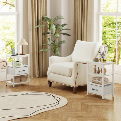 Set of 2 Nightstand Bedside Table with Charging Station and Drawer-White