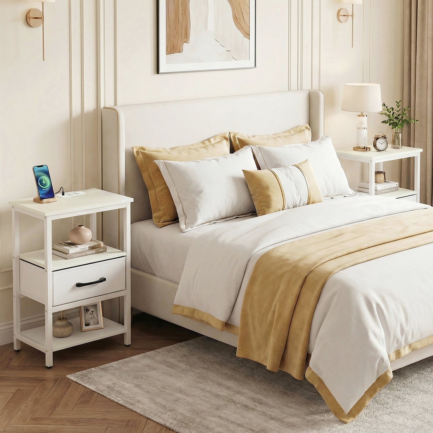 Set of 2 Nightstand Bedside Table with Charging Station and Drawer-White