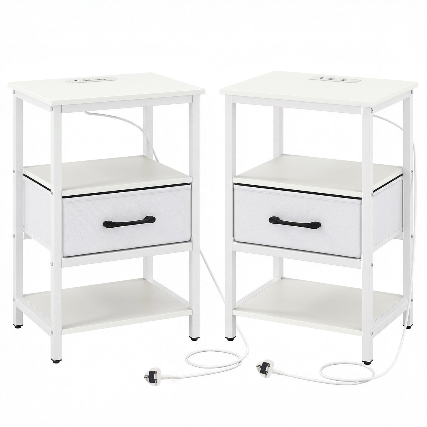 Set of 2 Nightstand Bedside Table with Charging Station and Drawer-White