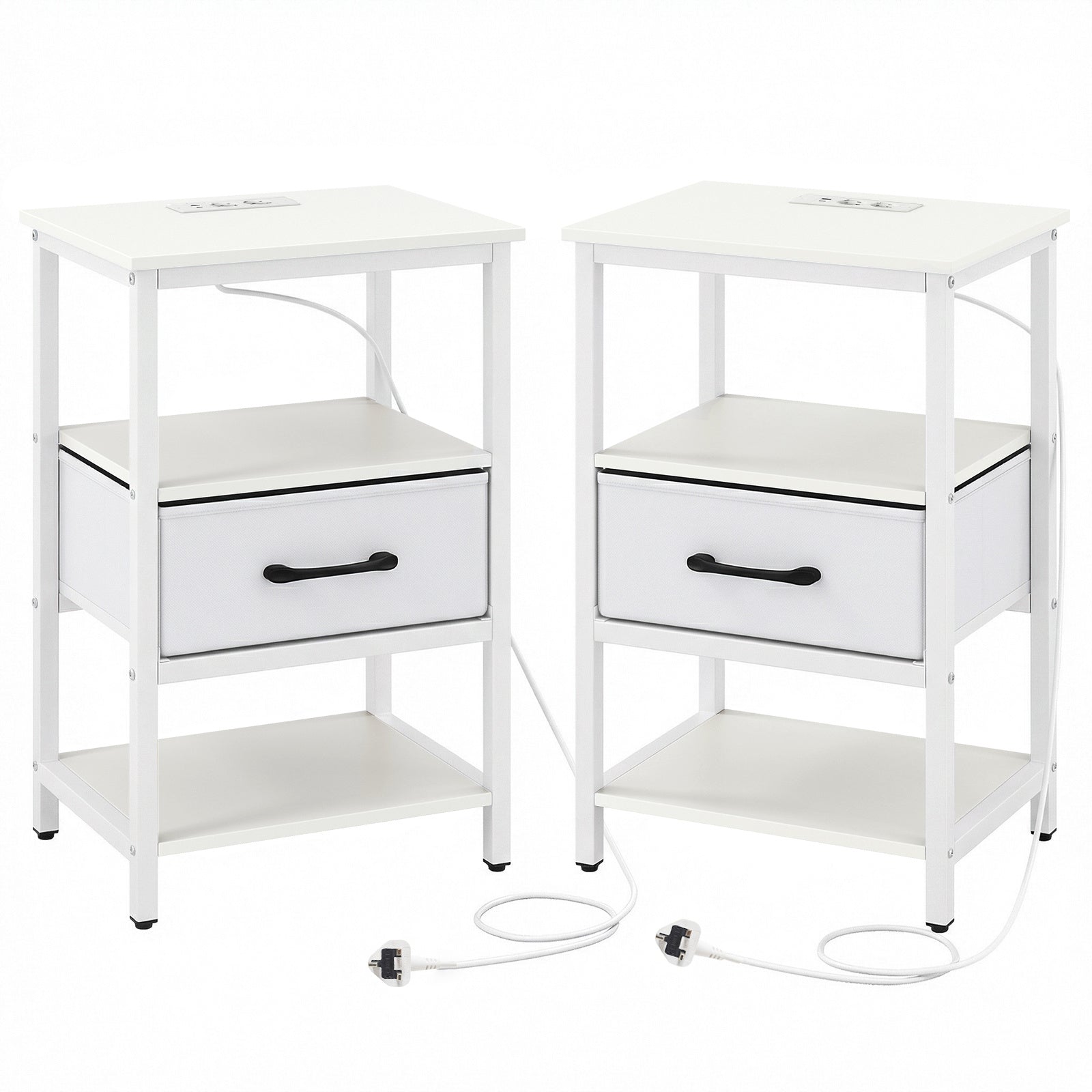 Set of 2 Nightstand Bedside Table with Charging Station and Drawer-White