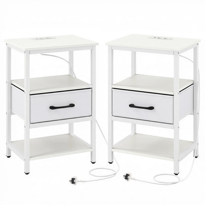 Set of 2 Nightstand Bedside Table with Charging Station and Drawer-White
