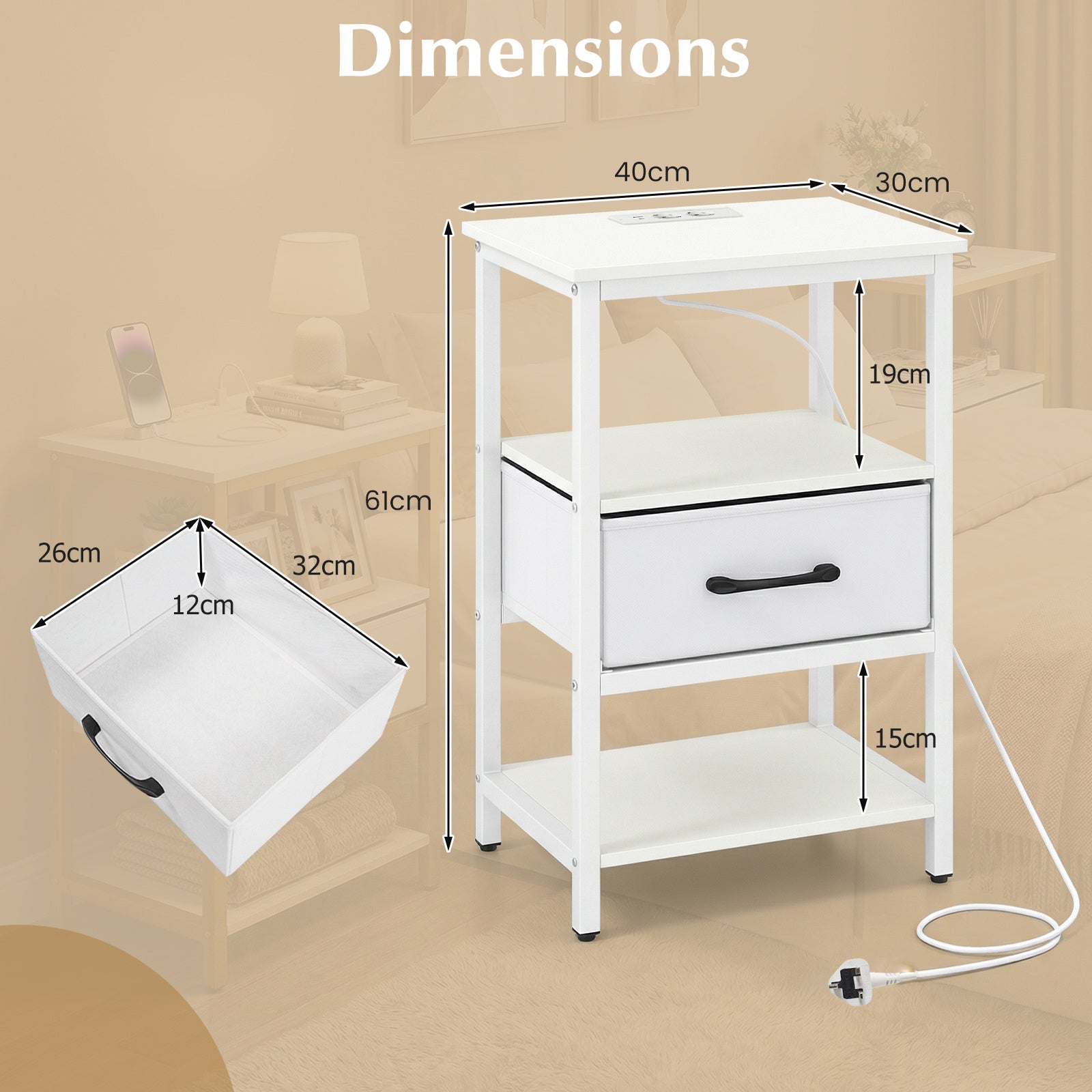Set of 2 Nightstand Bedside Table with Charging Station and Drawer-White