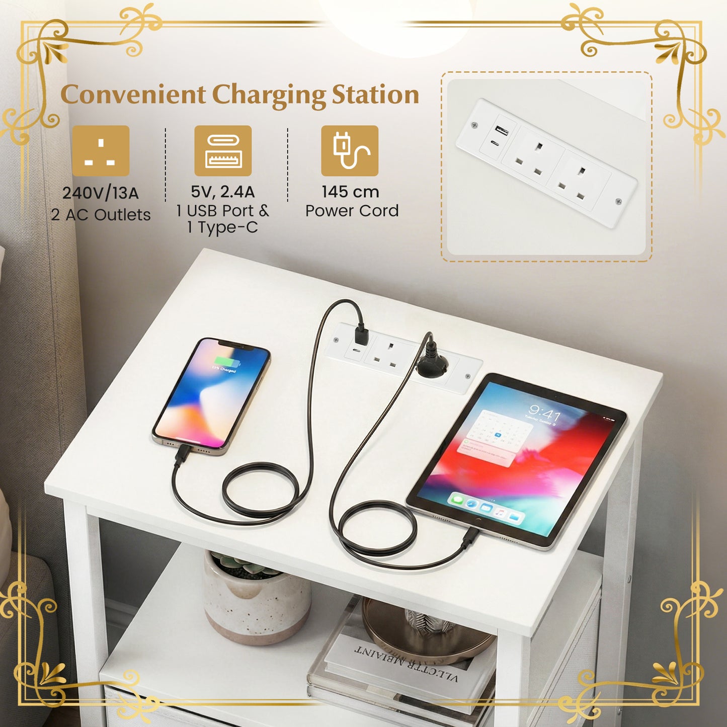 Set of 2 Nightstand Bedside Table with Charging Station and Drawer-White