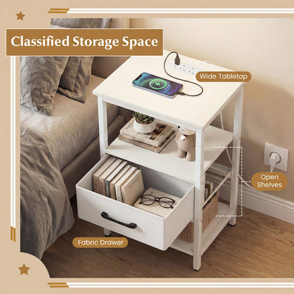 Set of 2 Nightstand Bedside Table with Charging Station and Drawer-White