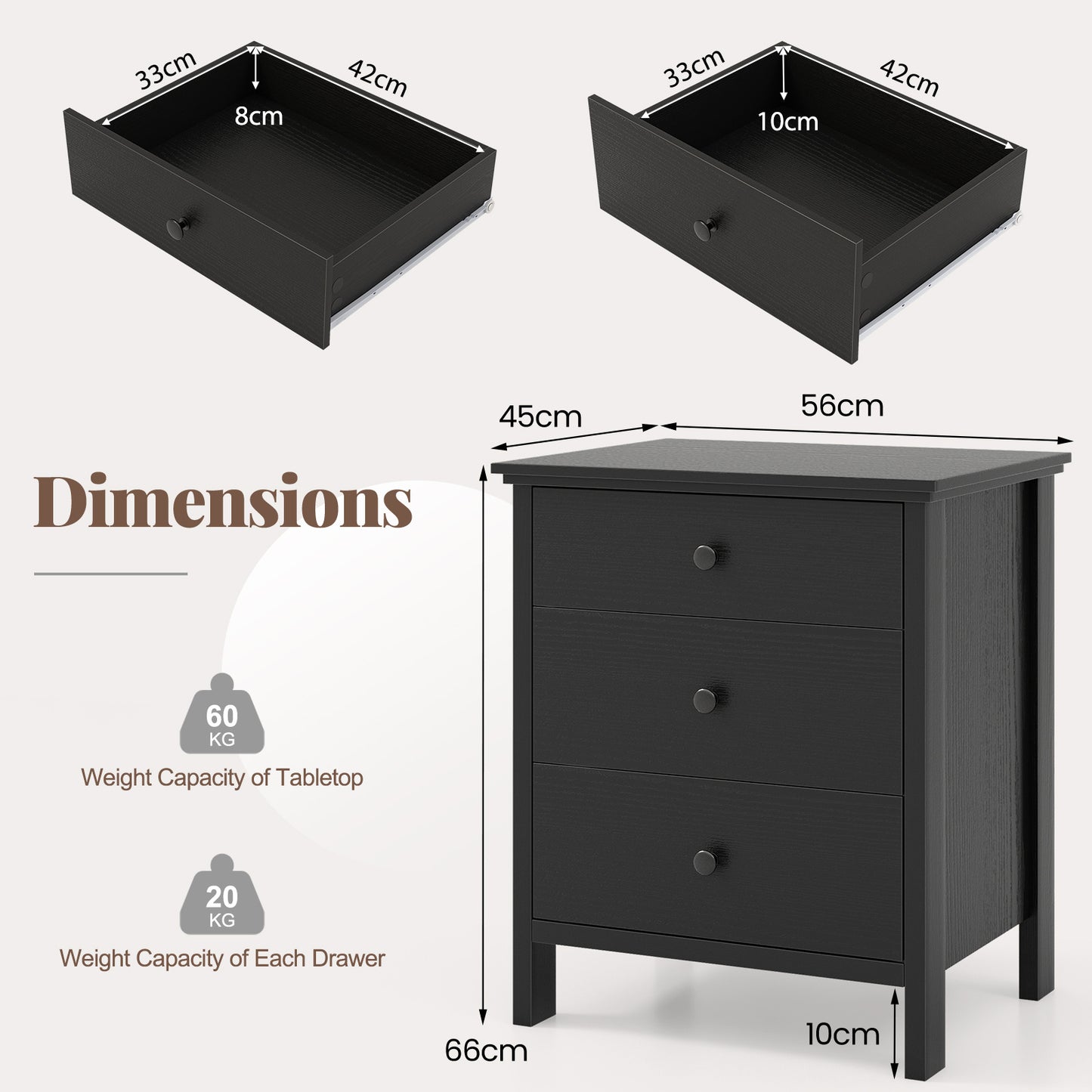 Set of 2 Nightstand with 3 Drawer for Bedroom Compact Storage Chest-Black