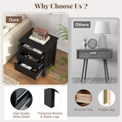 Set of 2 Nightstand with 3 Drawer for Bedroom Compact Storage Chest-Black